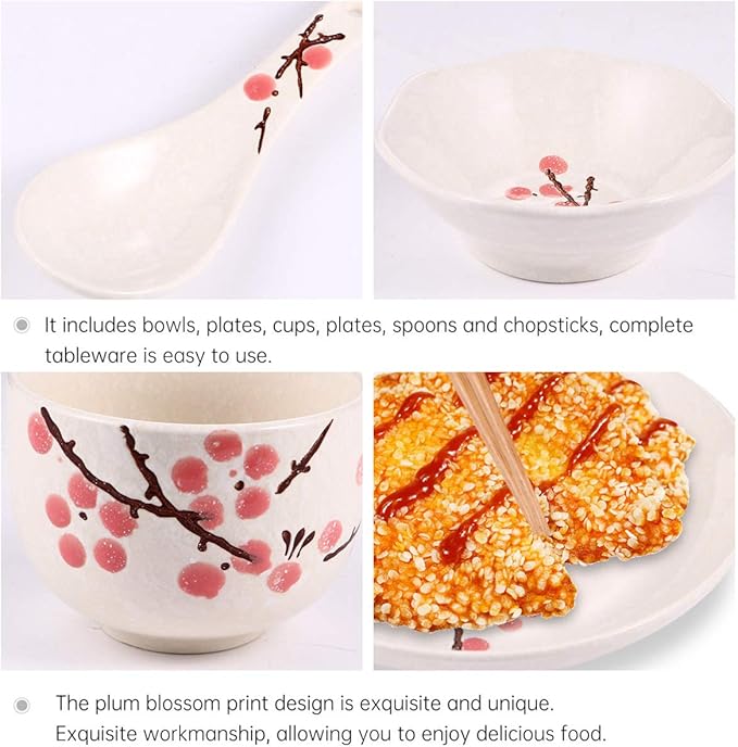 Hemoton Japanese Tableware Set for Single Person - 7-Piece Ceramic Dinnerware with Bowl Plate Cup Spoon and Chopsticks Floral Design Practical Household Tableware 7.08X7.08X1.18 Inches