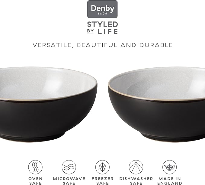 Denby - Elements Black Cereal Bowls Set of 4-28oz Everyday Soup, Dessert Bowls - Contemporary Design With Black Detail - Dishwasher & Microwave Safe Ceramic Stoneware Tableware - Scratch Resistant