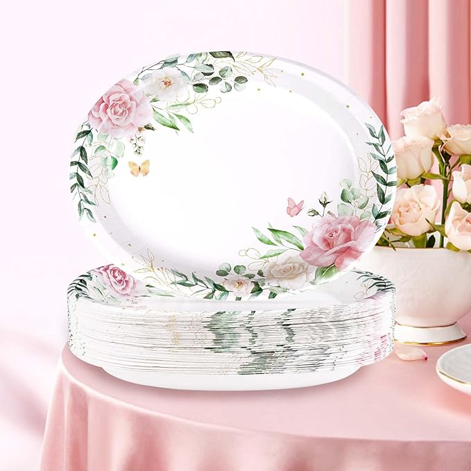 50Pcs Spring Floral Oval Paper Plates 10"x12" Large Disposable Watercolor Eucalyptus Leaf Dinner Platters Heavy Duty Sage Greenery Pink Flower Plates for Summer Baby Shower Bridal Shower Wedding Decor