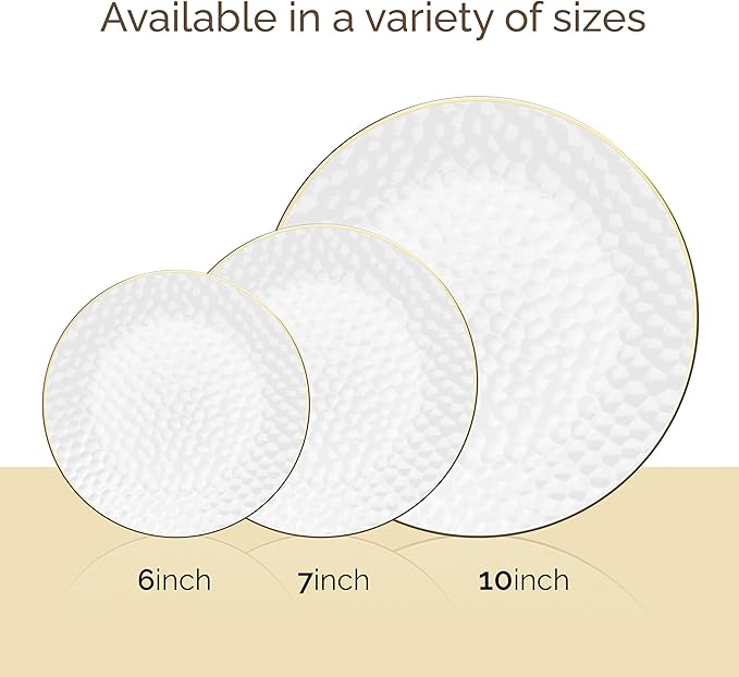 R-kay 100 Pack Clear Plastic Plates For Wedding - 10 IN Hammered Gold Rimmed Sturdy, Durable And Extra Heavy duty Gold Plastic Plates For Party - Bulk Disposable Plates For Weddings