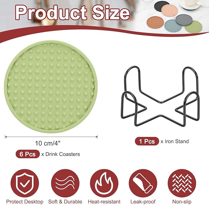 uxcell Set of 6 Round Drink Coasters with Holder, 4" Silicone Coaster for Drinks Non-Slip Cup Coaster Heat Resistant Glass Cushion for Bar Kitchen Office Decor, Light Green(Pentagon)