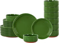 GZG Modern Art Series - 24 Pcs Speckled Stoneware Plates and Bowls Sets, Ceramic Dinnerware Set with Rustic Terracotta Underside, Microwave and Dishwasher Safe Handcrafted Dishes Set - Verdant Green