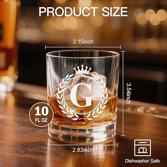 Whiskey Glasses - Rocks Old Fashioned Glass Gifts for Men, Monogrammed A-Z 10oz Personalized Whisky Glasses, Christmas Birthday Gifts for Men Him Dad Father Husband Brother Son (G)