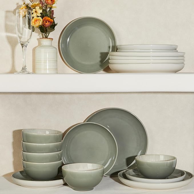 Plates and Bowls Sets for 8, 24 Piece Dinnerware Set for Large Families & Entertaining, Elegant Design, Dishwasher & Microwave Safe, Chip Resistant and Durable, Gray Green