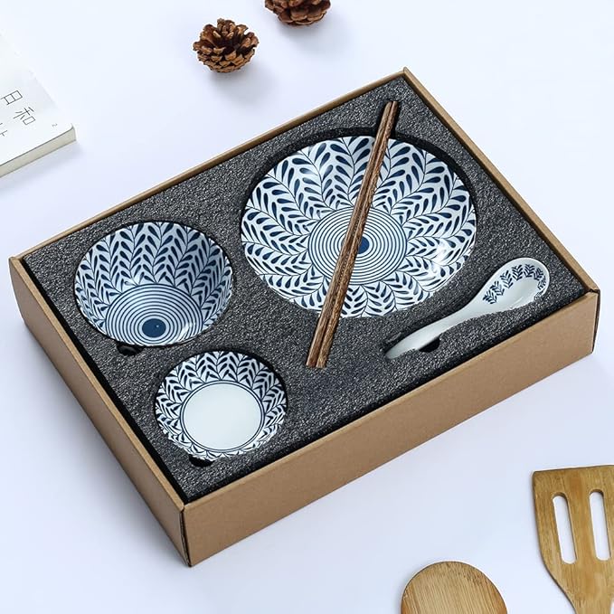 Gegong Blue and White Porcelain Dinnerware Set, Dishes, Bowl, Spoon, Chopsticks, Service for 1, Colorful Glazed Ceramic Set, Gift Box Packaging (Willow Leaves)