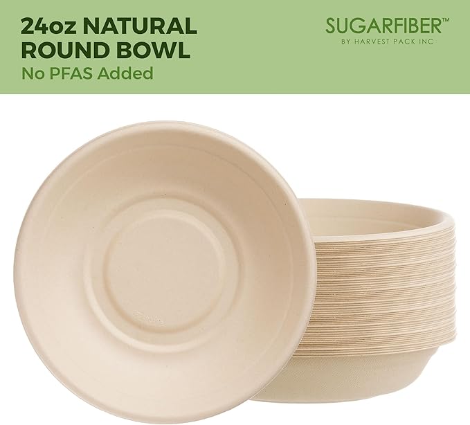 [500 COUNT]Harvest Pack PFAS FREE 24oz Compostable Bowls, Round Soup Paper Heavy-Duty Eco-Friendly Disposable Bagasse Bowl, sugarcane made plant fibers for Meal Prep