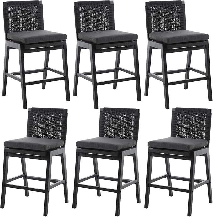 Mid Century Modern Counter Height Barstools Set of 6, 27” Linen Upholstered Counter Stools with Rope Woven Back Wooden Farmhouse Bar Stools for Kitchen Island Dining Room,Charcoal