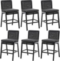 Mid Century Modern Counter Height Barstools Set of 6, 27” Linen Upholstered Counter Stools with Rope Woven Back Wooden Farmhouse Bar Stools for Kitchen Island Dining Room,Charcoal
