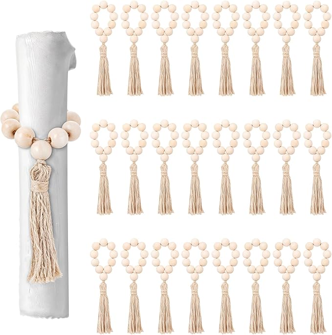 24 Pcs Wooden Bead Napkin Rings, Farmhouse Napkin Rings with Tassel Boho Napkins Ring for Dining Table,Wedding Decoration (Nature)
