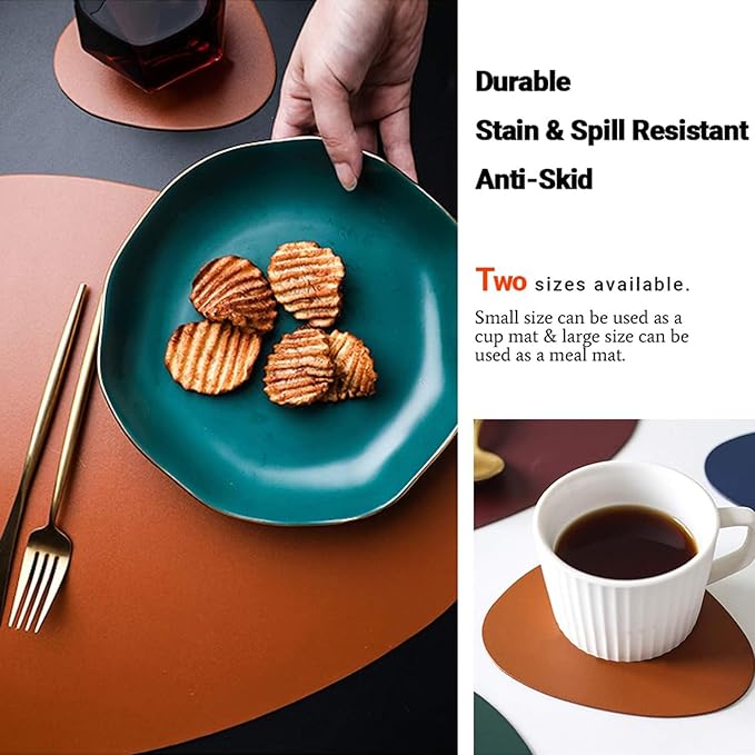 Faux Leather Placemats and Coasters Set, Round Leather for Dinner Table Mats Heat Resistant Washable Insulation Coffee Mats Kitchen Place Mats Nordic Style (Brown, 2 Placemats+2 Coasters)