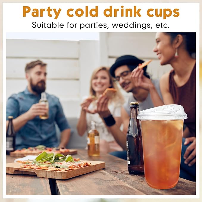 Baderke 100 Pcs Plastic Cups with Sip Lids Round Bottom Disposable Plastic Coffee Cups with Lids Clear Strawless Crystal Mugs for Iced Coffee Smoothie Cold Beverage Party Catering Supplies (18 oz)