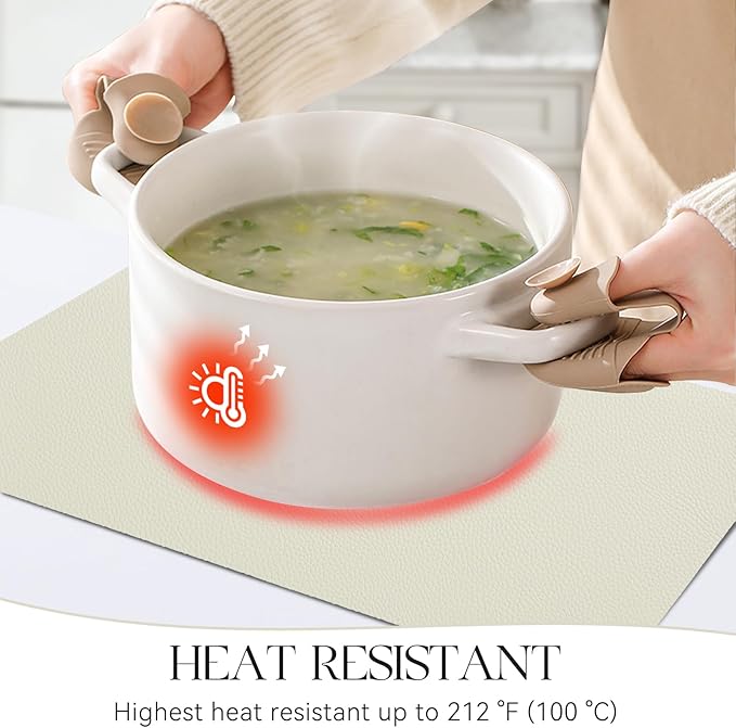 MOSAYT Vinyl Placemats Set of 4, Heat Resistant Place Mats 100% Waterproof Washable & Wipeable Faux Leather Reversible Table Mats for Kitchen Dining Party Indoor Outdoor, 12" x 17", Beige/Sage Green