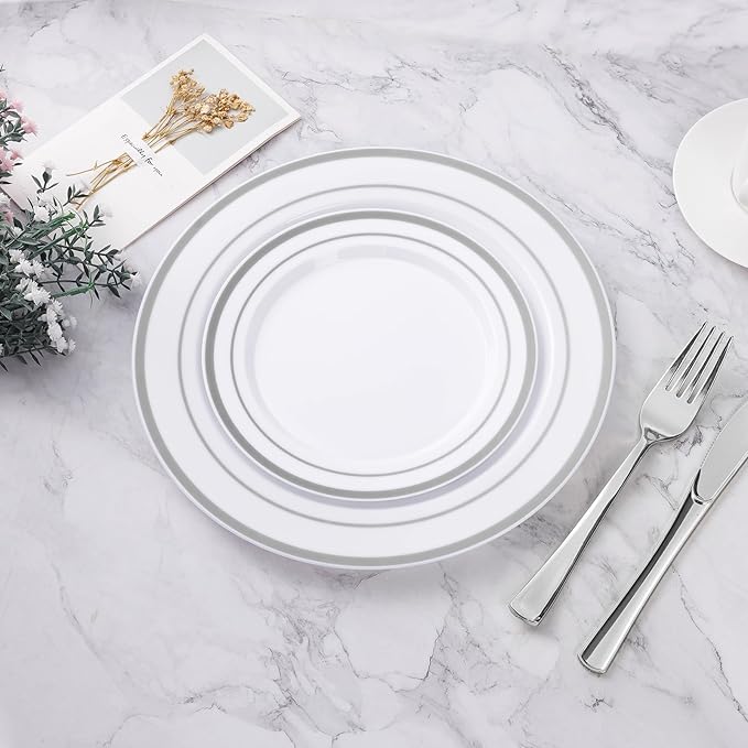 BESTVIP 50PCS Silver Plastic Plates, 10.25 Inch Disposable Dinner Plate Party with Silver Rim, Heavy Duty Disposable Plastic Plates for Christmas, Thanksgiving, Party, Wedding and Birthday