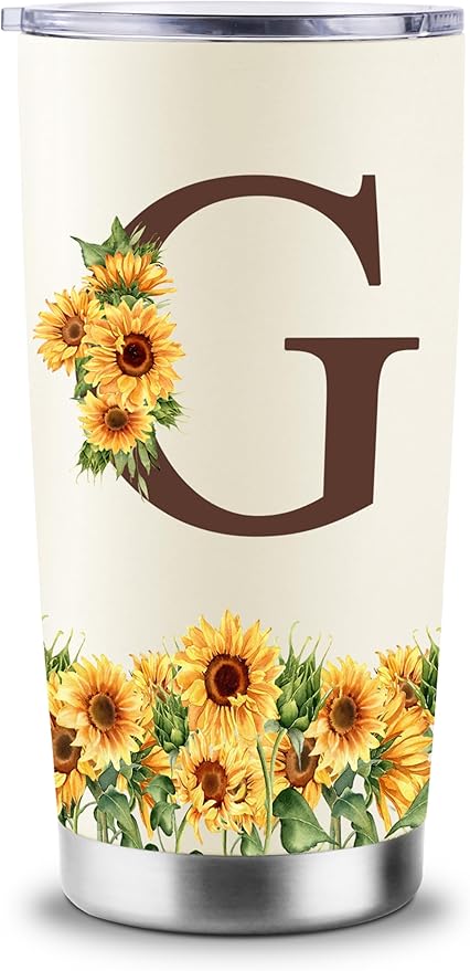 Sunflower Gifts for Women - Personalized Christmas Gifts for Women - Birthday Gift for Woman - Mothers Day Gift for Mom - Monogrammed, Initial 20oz Travel Cup Insulated Tumbler with Lid, G