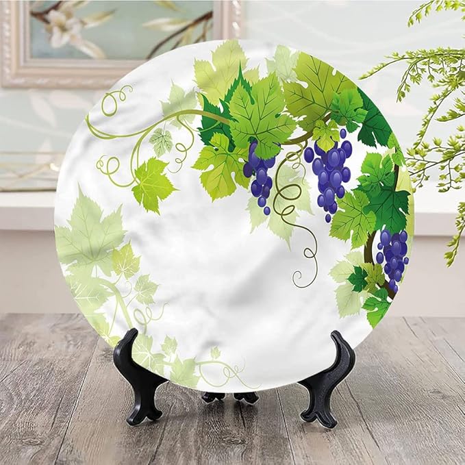 Decorative Plates, Vine Print Ornament, Grapes with Fresh Foliage, 10 Inch, Kitchen Wall Decor, Multicolor