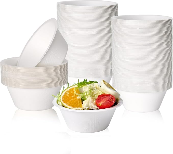 ECOLipak 300 Pack Compostable Paper Bowls, 8 oz Heavy-Duty Disposable Biodegradable Soup Bowls Made of Natural Bagasse, Suitable for Soup, Salad, Dessert, Milk, Cereals