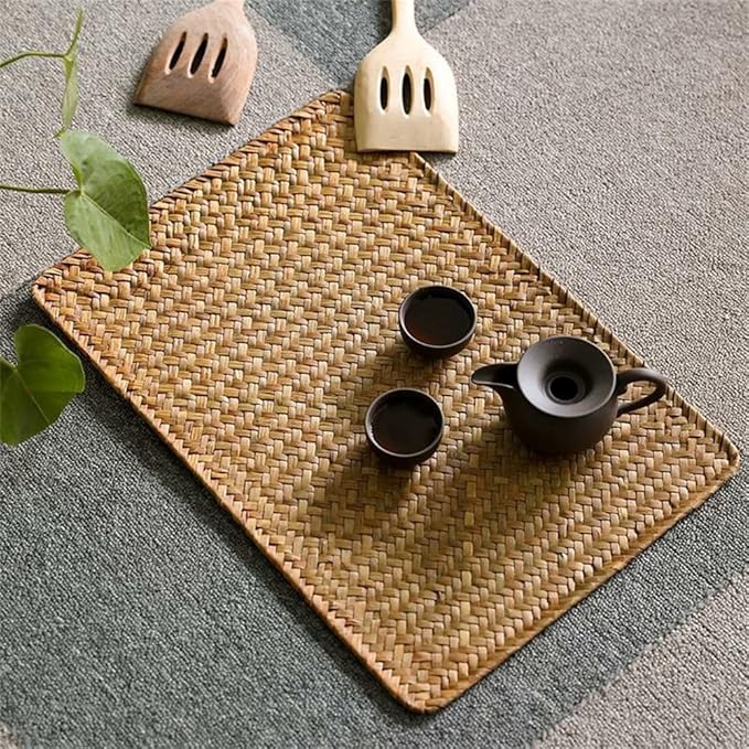 Natural Woven Rattan Rectangular Placemats for Dining Table, Set of 4