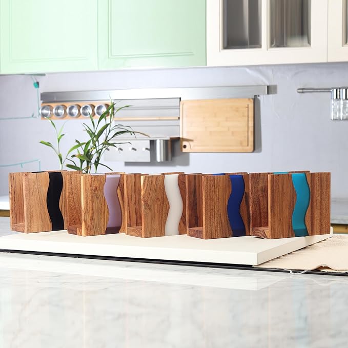 Acacia wood & Transparent Epoxy resin Napkin holder for table, Rustic farmhouse napkin organisation for kitchen, dining, counter tops, restaurant or outdoors | 6x5x2.5 inches|(Cloudy White)