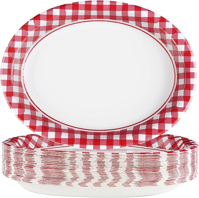 50Pcs Gingham Oval Paper Plates 10" x 12" Large Disposable Heavy Duty Valentine‘s Day Red and White Buffalo Checked Plaid Paper Dessert Platter Plates for Valentines Day Picnic Birthday Party Supplies