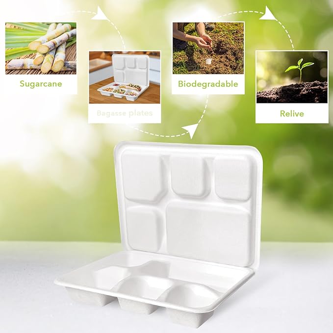 three leaf 5 COMPARTMENT MEAL TRAY WITH LID SET, 200 SETS. Heavy-Duty- Super Strong- Natural- Eco-Friendly Disposable Bagasse Tray with Lid, 100% Biodegradable Plates