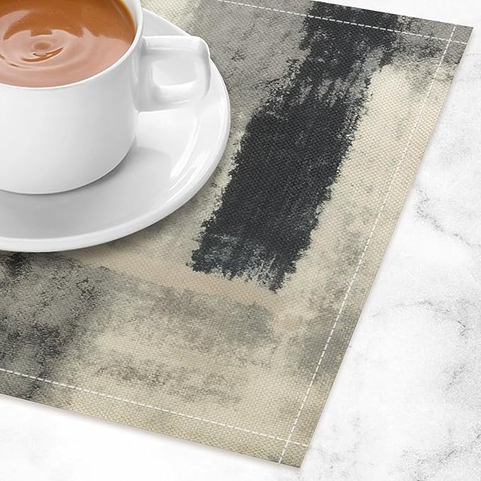 Gradient Placemat Set, Modern Minimal Fashion Abstract Beige Grey Blue Art Oil Painting Brush Strokes Patchwork Pattern Home Decor Linen Table Mats for Dining Room Kitchen Party (17x12in) x2P