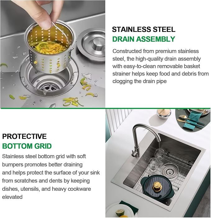 25x18 Inch Kitchen Sink, Commercial Grade 304 Steel Kitchen Sink, Centre-Offset Drain, 9" Deep Single Bowl Kitchen Sinks, Brushed(Inclued Bottom Grid & Drain Strainer)