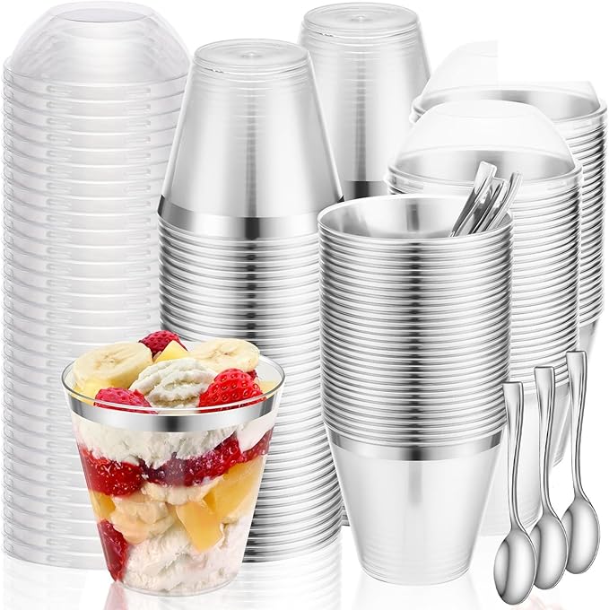 Jinei 50 Sets 9 oz Silver Plastic Dessert Cups with Dome Lids Spoons Rimmed Clear Disposable Plastic Fruit Cups with Lids for Yogurt Parfait Pudding Cupcake Ice Cream Party Wedding Reception