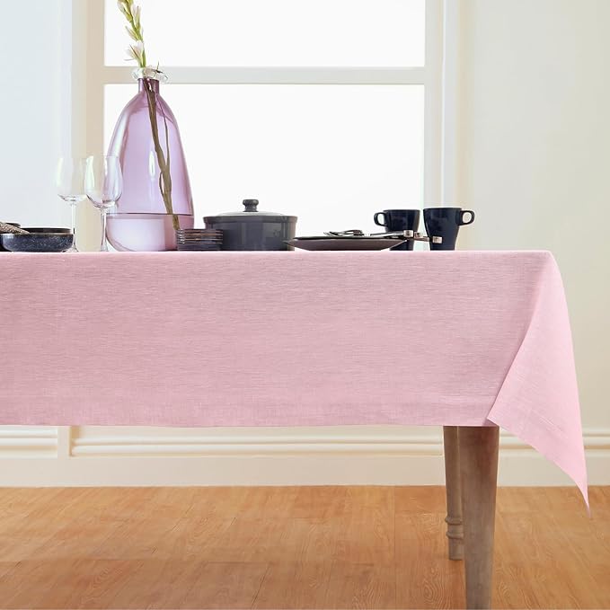 Solino Home Linen Tablecloth 60 x 90 Inch - 100% Pure Linen Bubblegum Pink Table Cloth for Rectangle Tables - Athena, Machine Washable Tablecloth for Valentines, Spring, Easter
