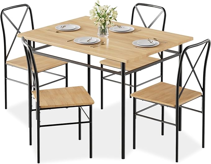 VECELO 5-Piece Kitchen Dining Table Set, Wood Tabletop & Heavy-Duty Metel Frame, Rectangle Dinette with 4 Chairs for Small Space, Breakfast Nook, Natural Black