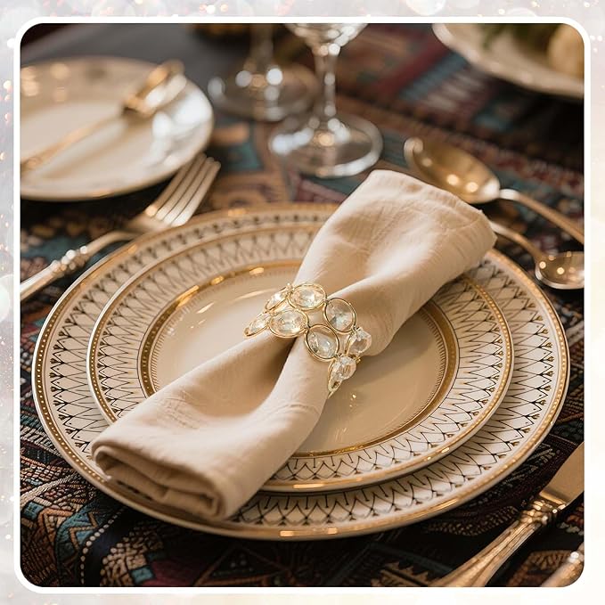 Crystal Metal Napkin Rings Set, Elegant Wedding/Party Table Decor, Shiny Holiday Dinner Accessories Bulk, Bridal Shower Gift, Anniversary, Christmas, Home Decor Essentials (Gold, 24-Pcs)
