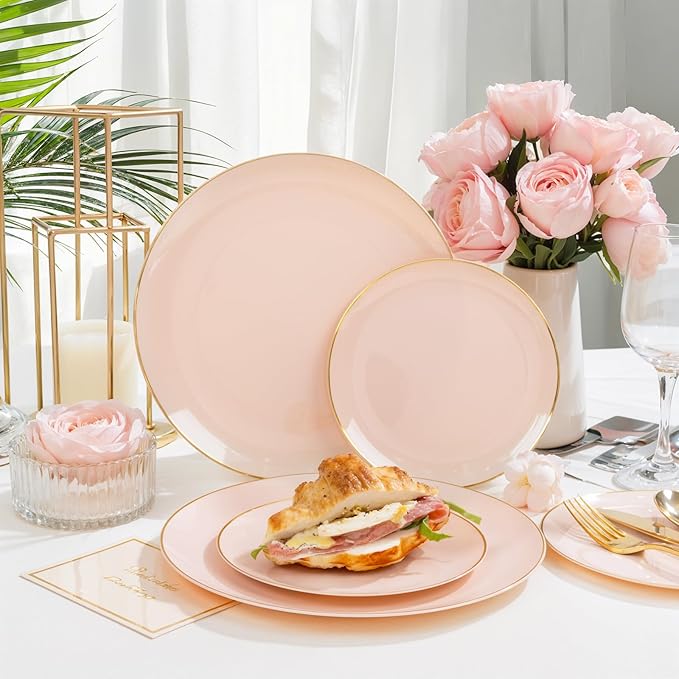 PULOTE 200Pieces Pink Plastic Plates - Premium Hard Pink and Gold Disposable - Include 100PCS 10 inch Dinner & 100PCS 7 inch Dessert Plates, Ideal for Wedding, Party & Valentines Day