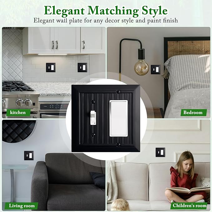 Beadboard Outlet Covers Wall Plates, Bamboo Fiber Light Switch Covers, Natural Material Electric Receptacle Decorative Switch Plate Outlet Cover Matte Black (2 Gang Toggle/Decorator 2 Pack)