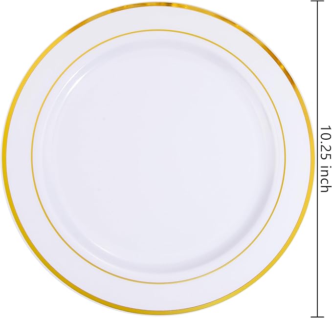 bUCLA 30PCS White and Gold Plastic Dinner Plates Disposable - 10.25inch Premium White Gold Rim Plates, Ideal for Wedding & Party