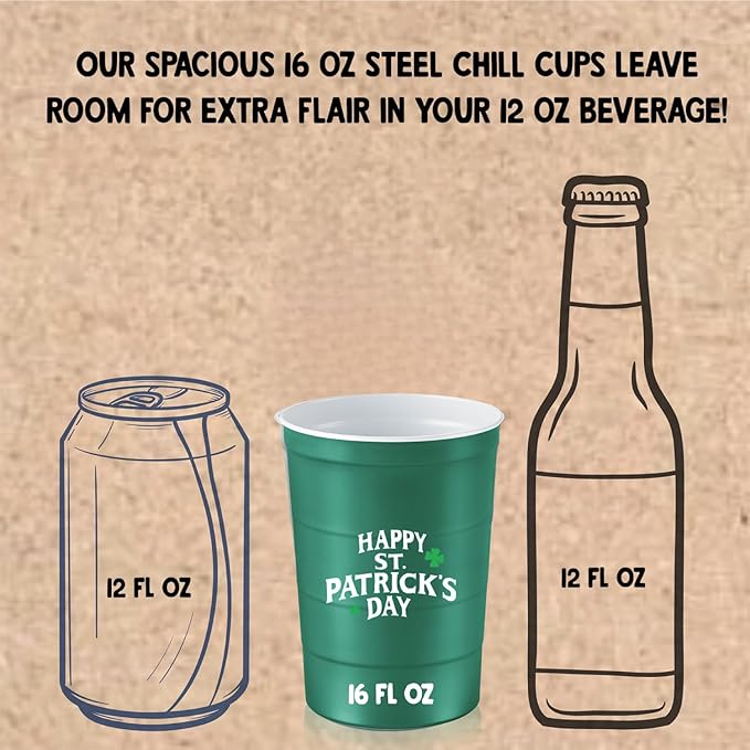 16 oz. Party Cups 'St. Patrick's Day' Clover Design for Cold Drinks, Durable, Disposable, Recyclable, Made in USA, Green, 12 Count