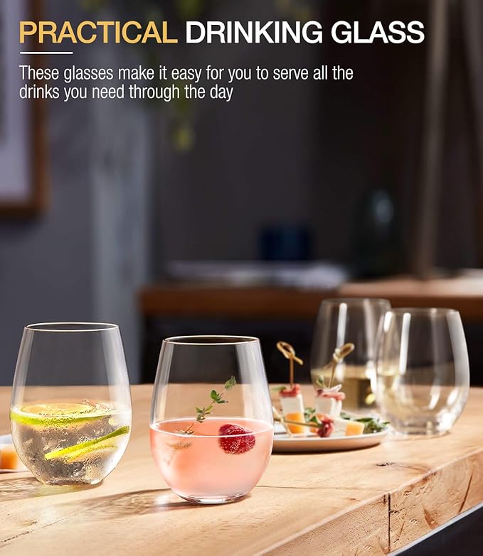 LUNA & MANTHA Stemless Wine Glasses Set of 6, 18oz Crystal Red White Wine Glasses for Daily Use, Hosting, Home Bar, Evening Party, Birthdays, Shower, Housewarming Gift, Clear