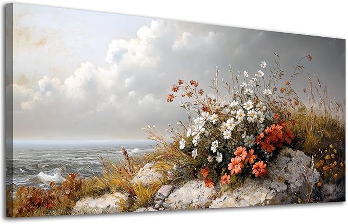 ADJUVANT Wall Art Vintage Coastal Floral Scene 48"L x 24"W, Seaside Wildflowers By The Ocean Canvas Painting Nature Artwork Coastal Blooms Prints Botanic Decor for Living Room Bedroom Bathroom Home Office