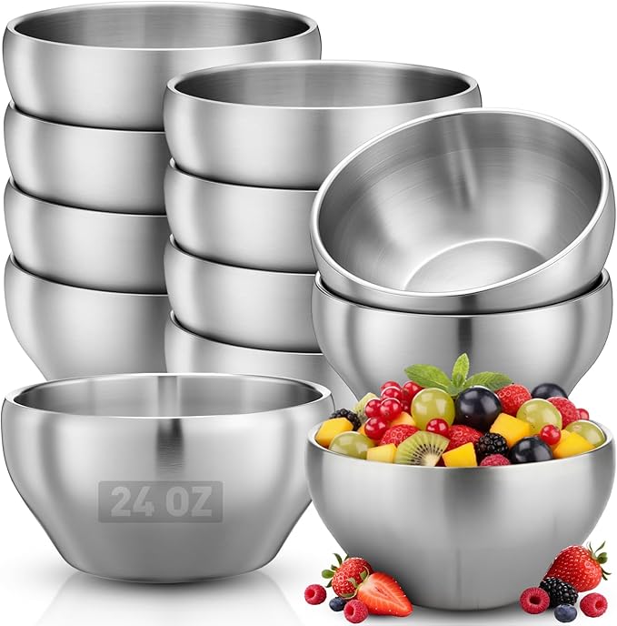 12 Pack Stainless Steel Bowls Bulk SUS304 Double Wall Insulated Bowls Matte Brushed Metal Soup Bowl for Rice Salad Noodle Snack Cereal Ice Cream Serving Mixing Prep(24 oz)