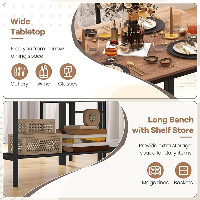 NAFORT Dining Table Set for 4 with Bench, Industrial Kitchen Table and Chairs, Rustic Brown Wood & Black Metal 4-Piece Dining Room Set for Apartment, Small Space, Kitchen, Restaurant