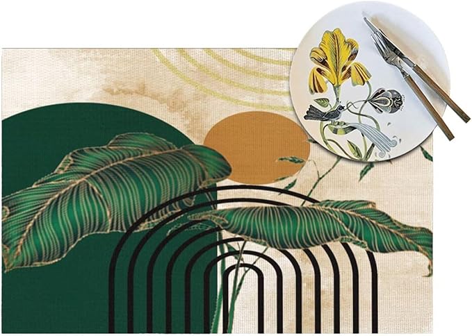 Abstract Emerald Placemats Minimalist Modern Contemporary Aesthetic Vintage Arch Neutral Washable Place Mats 12x18Inch for Dining Kitchen Farmhouse Decor 6 PCS