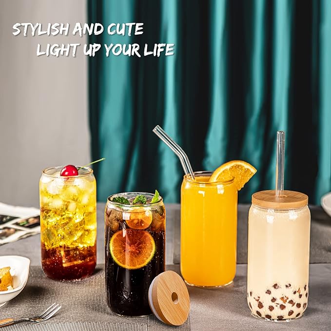 16 Oz Drinking Glasses with Bamboo Lids and Glass Straw - 8 Pcs Glass Cups Beer Ice Coffee Glasses Cute Aesthetic Cup Great for Coffee Bar Accessories Include 2 Cleaning Brushes