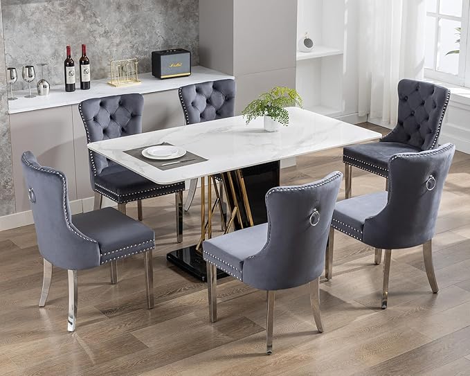 KCC Velvet Dining Chairs Set of 6, Upholstered High-end Tufted Dining Room Chair with Nailhead Back Ring Pull Trim Stainless Steel Legs, Contemporary Nikki Collection Modern Style for Kitchen, Gray