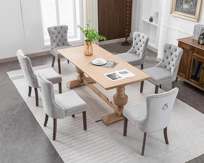 KCC Velvet Dining Chairs Set of 4, Upholstered High-end Tufted Dining Room Chair with Nailhead Back Ring Pull Trim Solid Wood Legs, Nikki Collection Modern Style for Kitchen, Light Grey