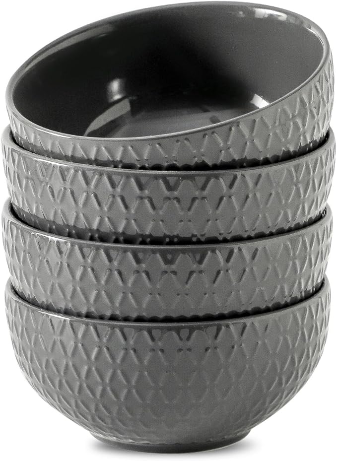 HASENSE Soup Bowls, Cereal Bowls Set of 4, 26oz Embossed Stoneware Porcelain Cereal Bowls, Large Ceramic Soup Bowls for Cereal, Oatmeal, Fruit, Salad, Noodle, Microwave Dishwasher Safe, Gray