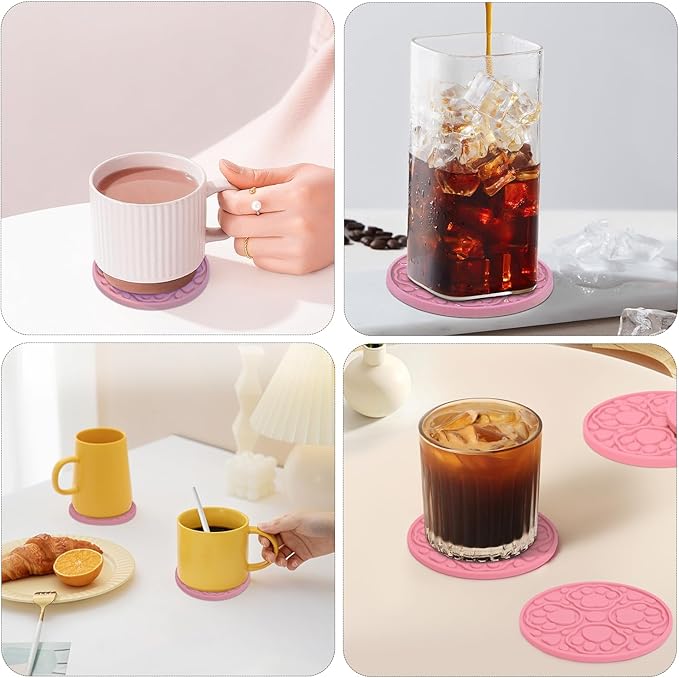 Pink Silicone Coasters Set of 6 with Holder, 4 Inches Coaster for Bar, Drinks, Beer, Coffee - Non Slip Decorative Cup Mat for Tabletop, Desk Decor - Dishwasher Safe