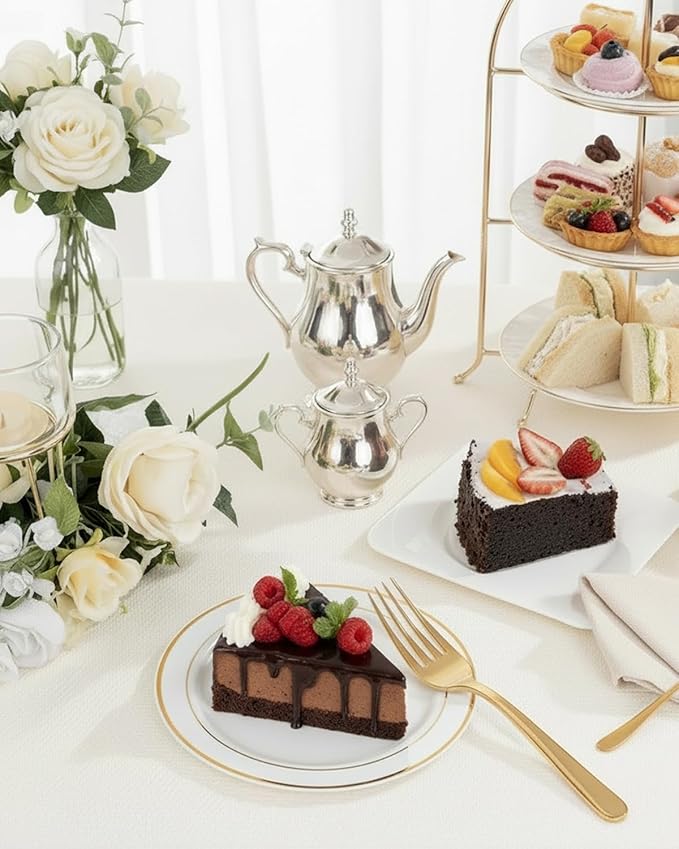 bUCLA 100Pieces Gold Plastic Plates - 6.25inch White with Gold Rim Disposable Salad/Dessert/Appetizer/Small Cake Plates Premium Hard - Ideal for Wedding, Party