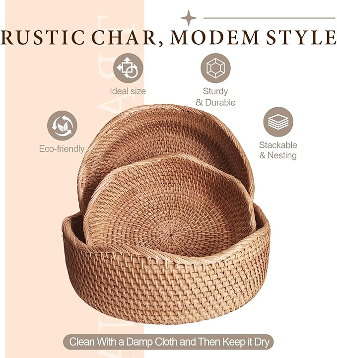Rattan 10" Medium Wave Bread Basket for Fruit, Natural Wicker Fruit Basket for Kitchen Counter, Hand Woven Wicker Food Baskets, Bread Baskets for Serving, Gift Basket for Gifts, Vegetable, Snack, Etc.