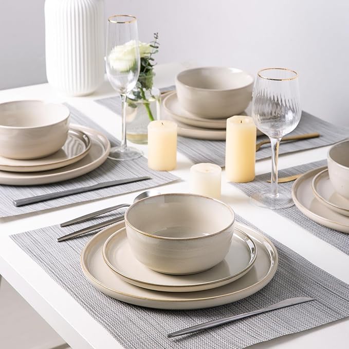 AmorArc Stoneware Dinnerware Sets for 4,Round Reactive Glaze Ceramic Plates and Bowls Set,Highly Scrath Resistant | Dishwasher & Microwave Safe Dishes Set,Service for 4 (12pc)
