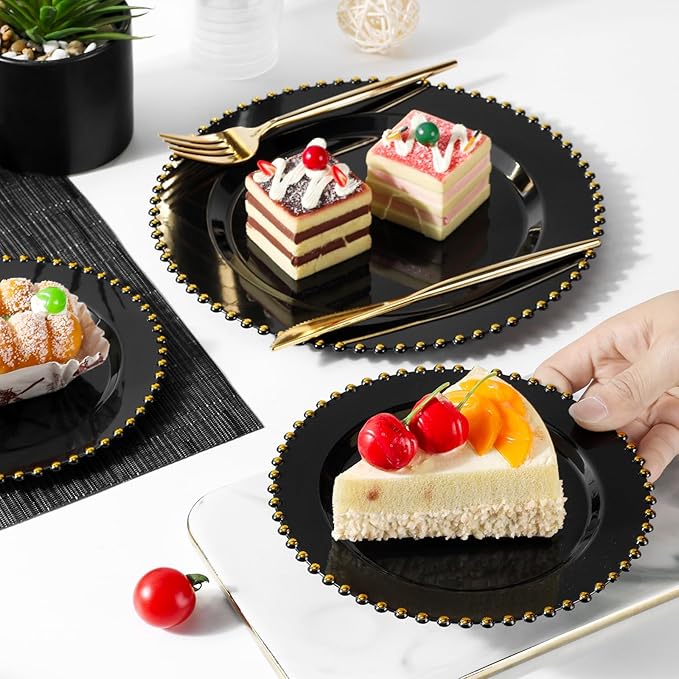 EI 60pcs Black Plastic Plates,Black and Gold Plastic Plates Disposable,Fancy Heavy Duty 10" Dinner & 7" Dessert Plate for Party,Birthday,Anniversary,Wedding,Afternoon Tea,Business Events,Banquets