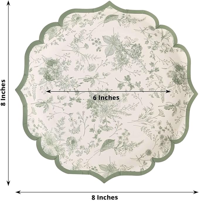 50 Pack 8" Sage Green Dessert Plates in French Toile Floral Pattern, Disposable Round Paper Appetizer Salad Plates 300 GSM for Party Decoration