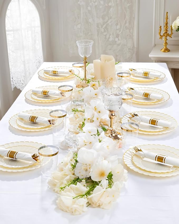 YOUBET 350PCS Ivory Scalloped Plastic Plates - Ivory and Gold Disposable Dinnerware Set Include 100 Plates, 150 Gold Silverware, 50 Cups, 50 Napkins for Wedding & Party